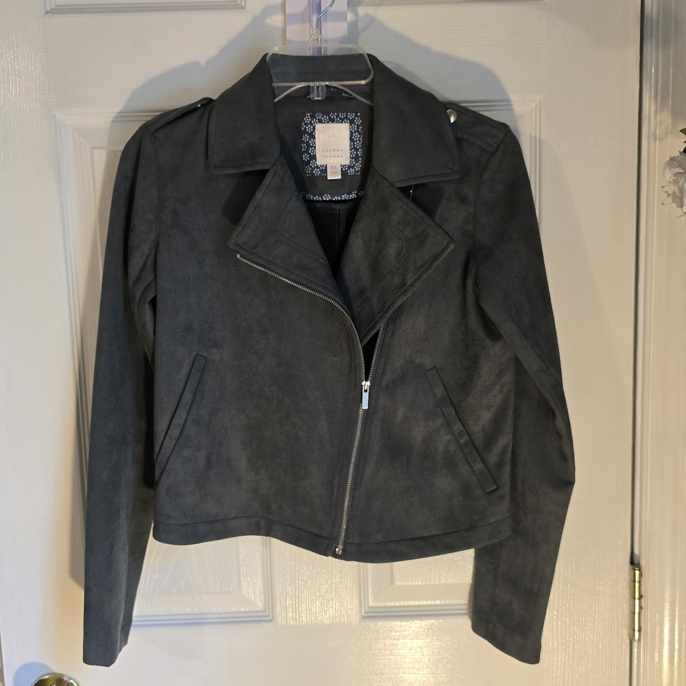 LC Lauren Conrad Womens Faux Suede Moto Jacket Gray Asymmetrical Zip XS